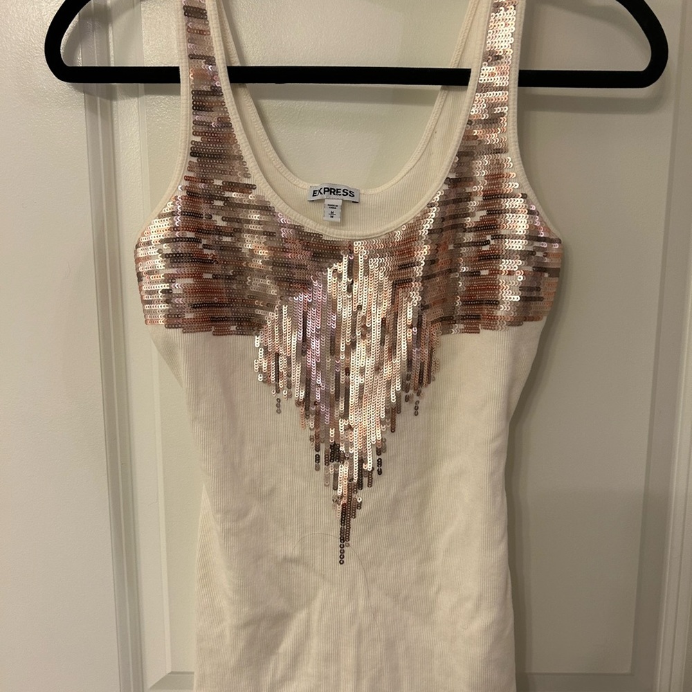 Express Women’s Gold Brown and Cream Sequin Fitted Tank Top Size Medium Great